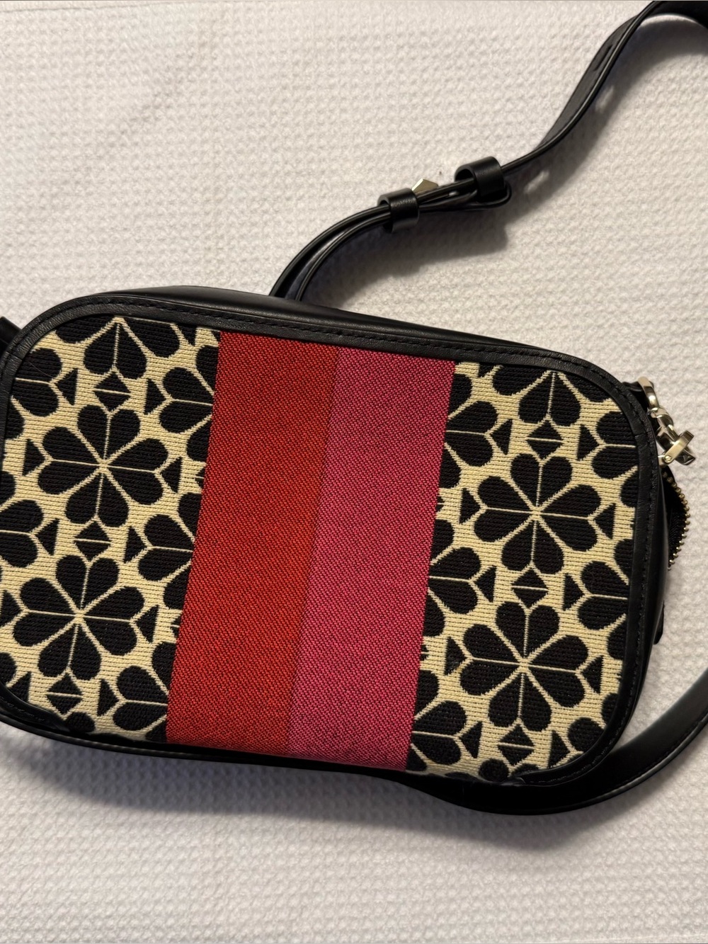 kate spade Black Floral Canvas Crossbody with Red and Pink Center Stripe